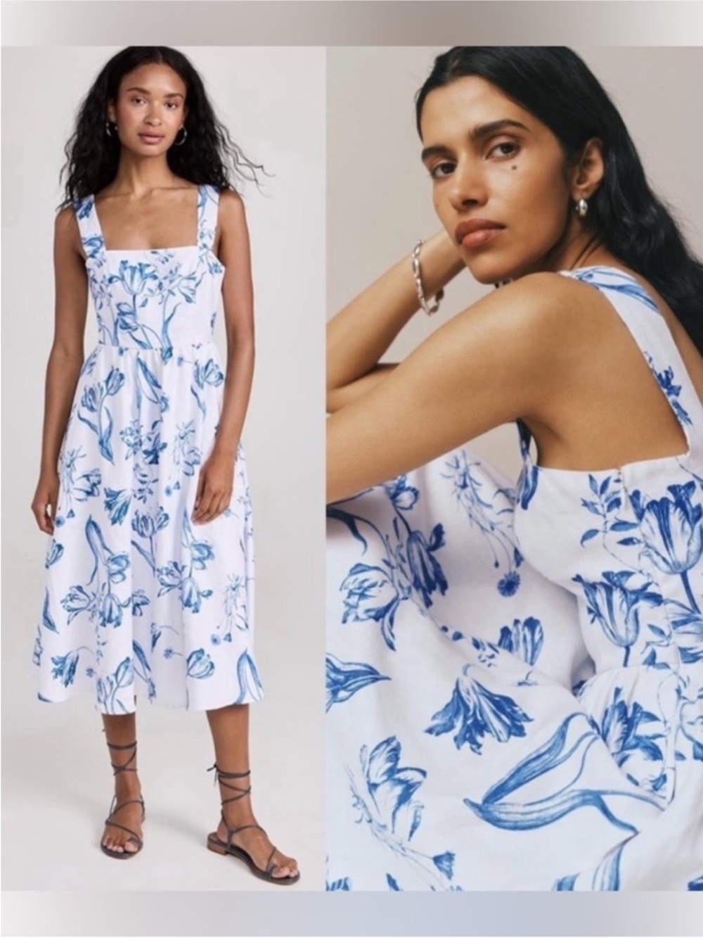 Reformation Freida Linen Dress with Blue Floral Print